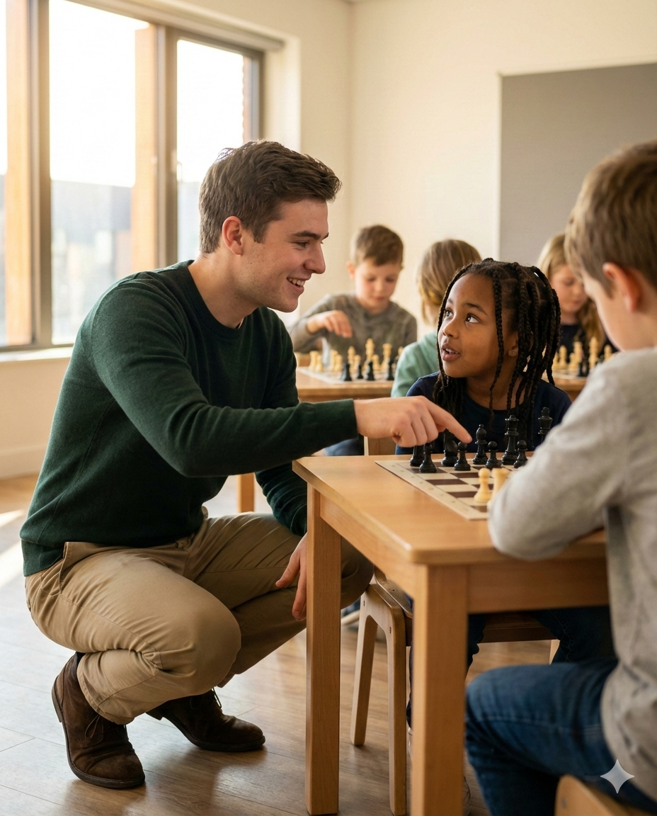 Young MindSport instructor teaching chess to an engaged child