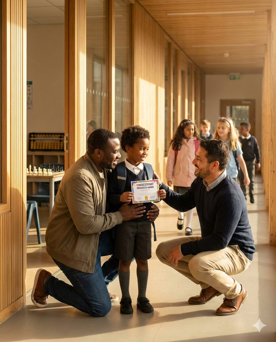Parent and child sharing a proud moment after an enrichment class