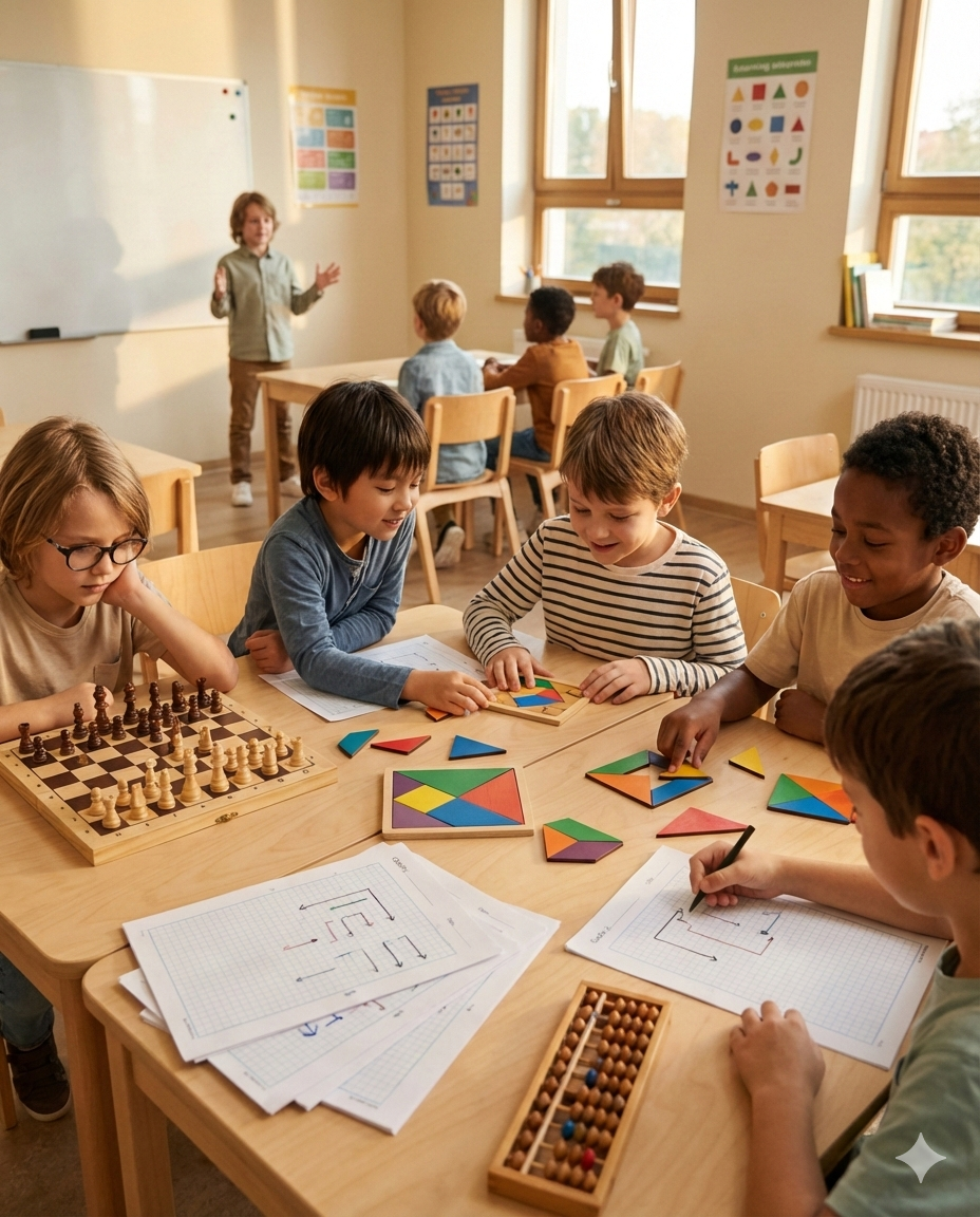 Children engaged in various MindSport cognitive enrichment activities at school