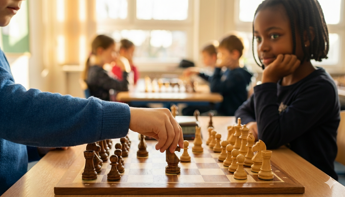 Close-up of children's hands moving chess pieces during a lesson