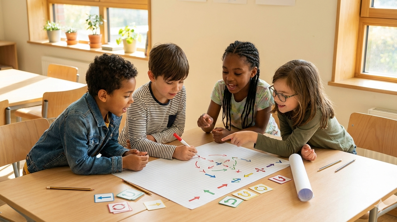 Children working together on graph paper programming activity