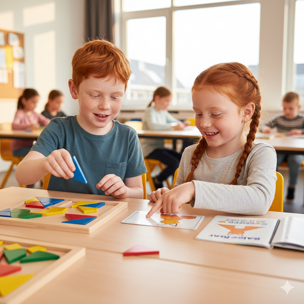 Children working together on colorful tangram puzzles
