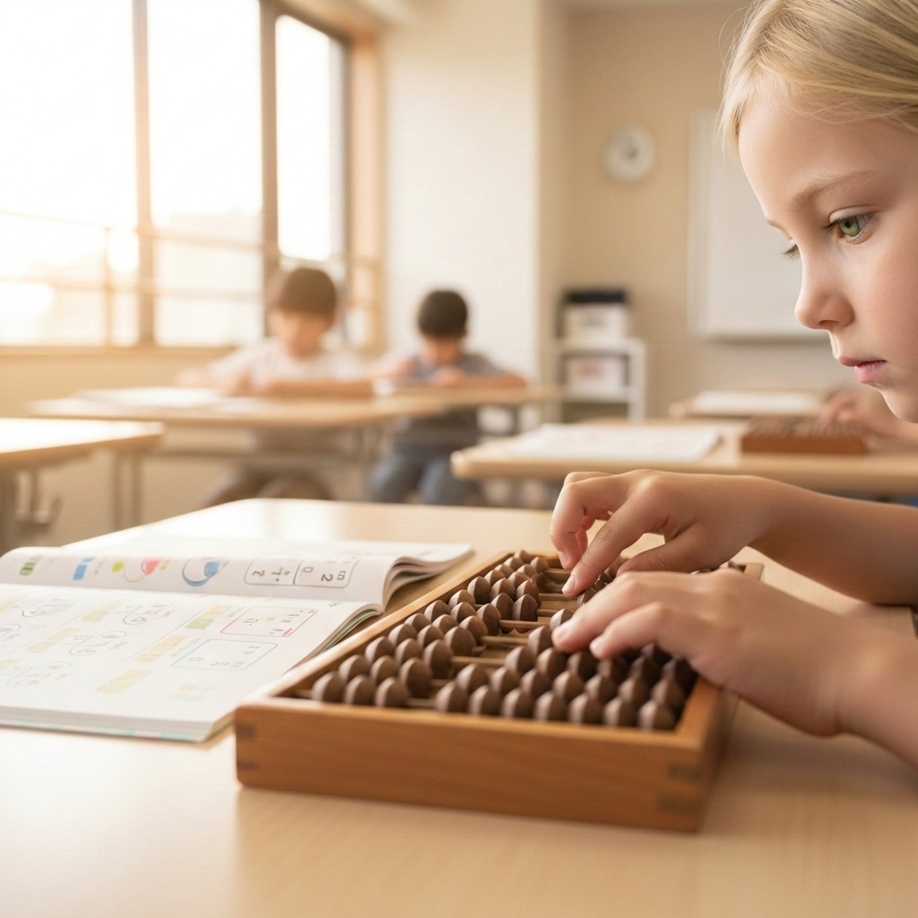 Child practicing mental math with a Japanese soroban abacus