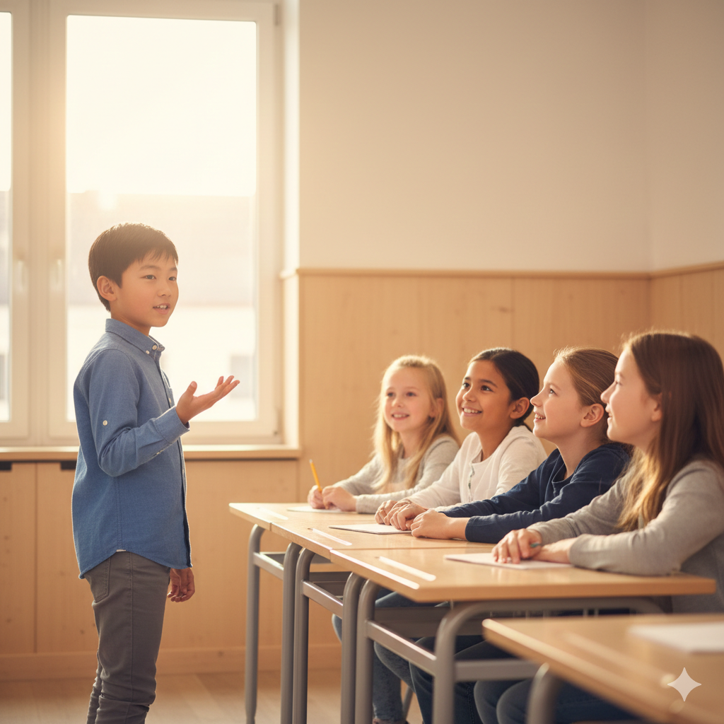 Young student confidently presenting to classmates
